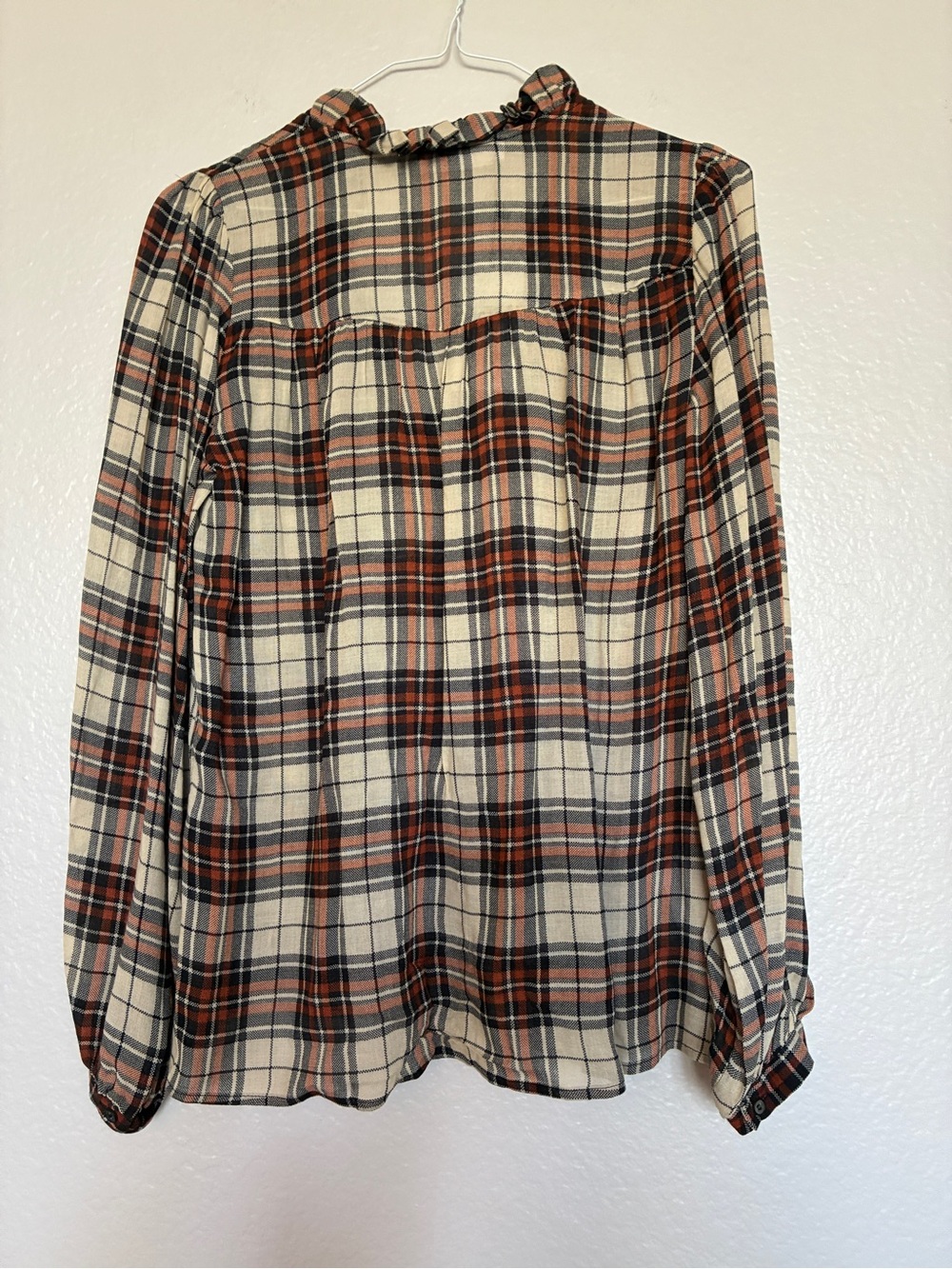 NWT Mango Plaid Ruffle Collar Blouse Viscose Wool Top Rust Cream XS Cottagecore - Picture 4 of 9